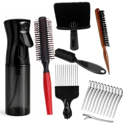 Kit Barbeiro Profissional 7 Itens Completo Borrifador Escova Javali Pente Garfo Escova Fade 12 Presilhas