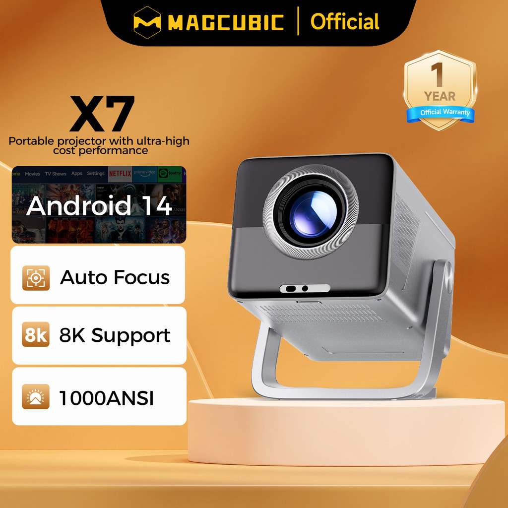 Magcubic X7 Smart Projetor 1000ANSI Android 14 Foco Automático WIFI6 BT5.4 Nativo 1080P Alto-falante De 5 W