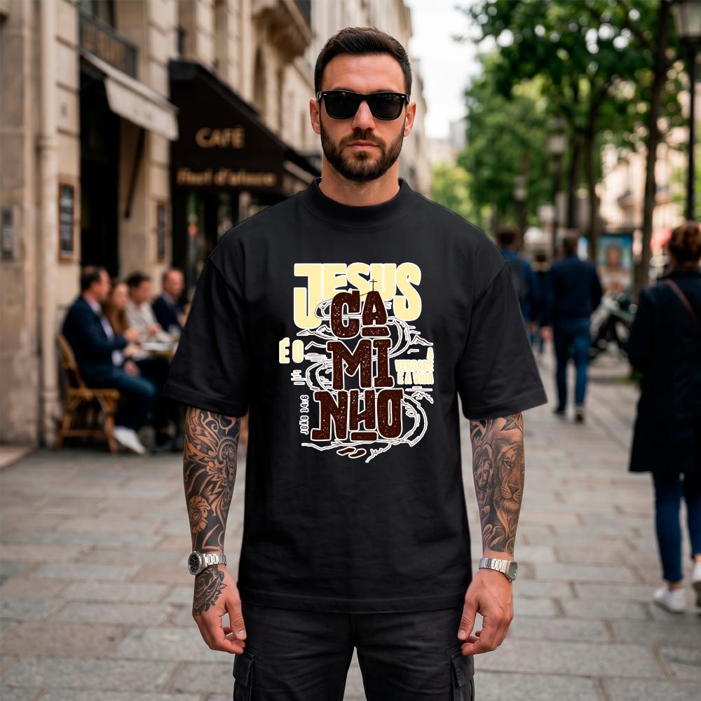 Camiseta Oversized Suedine Masculina Estampada Jesus è o Caminho Streetwear Cristã