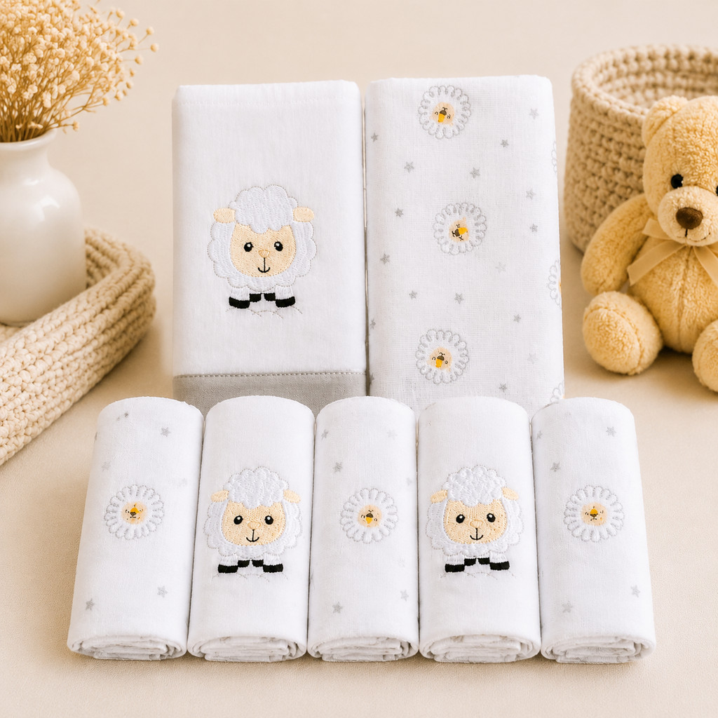 Kit 7 Peças Enxoval Bebês Diversas Estampas 5 Fraldinhas de Pano c/ 2 Toalhas Fralda tudo 100% Algodão