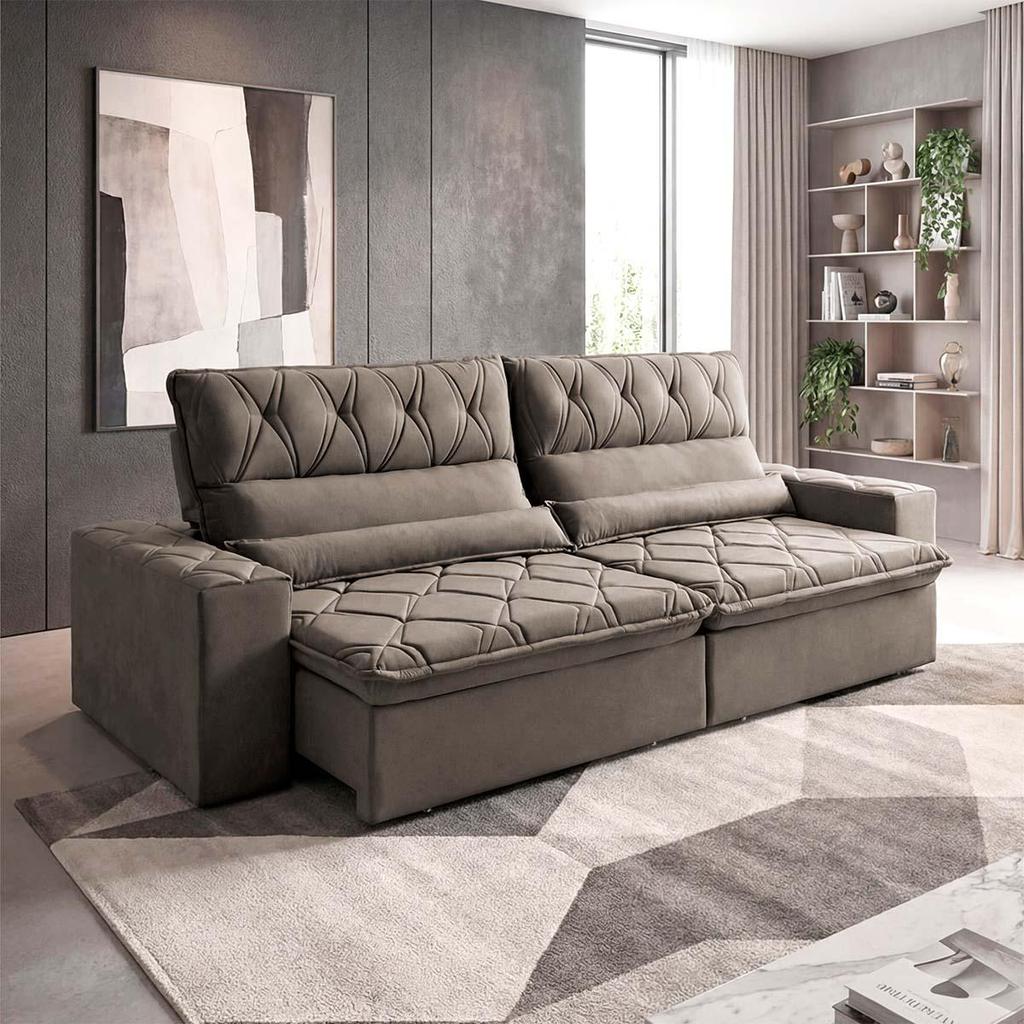 Sofá Retrátil/Reclinável França 2,10m Suede Velut Tabaco c/ Molas no Assento - King House