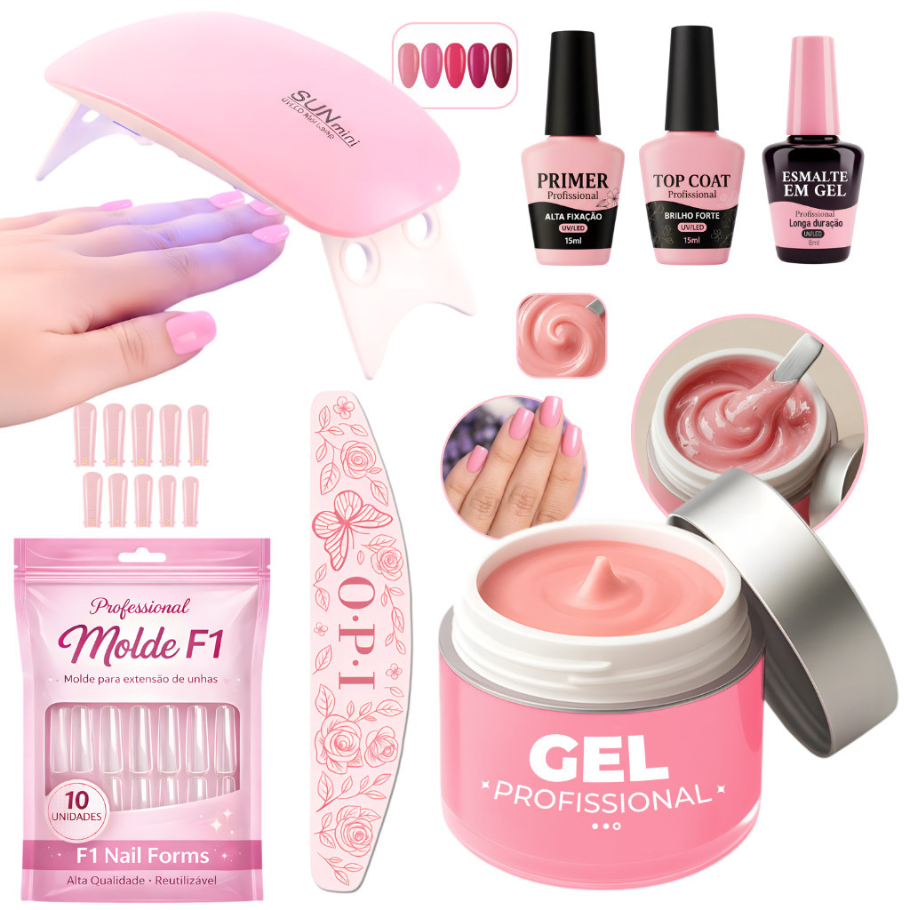 Kit Gel Construtor Unhas Profissional Molde F1 + Preparadores + Esmalte Lixa + Mini Cabine UV/LED Nail Designer Completo
