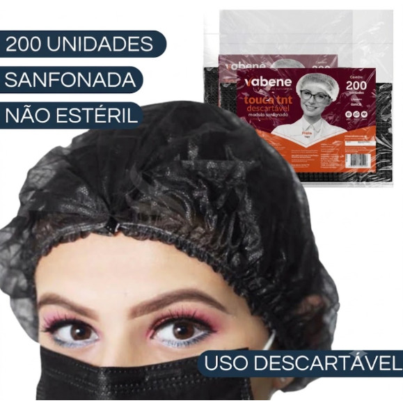 Kit 200un Touca Preta Descartável TNT Sanfonada C/ Elástico