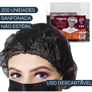 Kit 200un Touca Preta Descartável TNT Sanfonada C/ Elástico