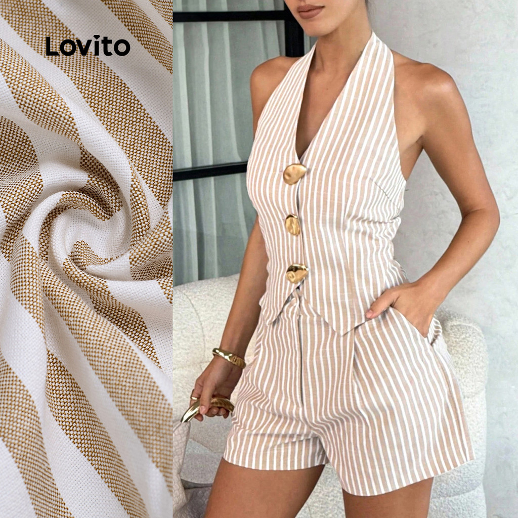 Conjunto Feminino Nacional Lovito Casual Blusa Calça Listrada Shorts Fivela Metálica Primavera/verão Marrom LBL30237