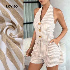 Conjunto Feminino Nacional Lovito Casual Blusa Calça Listrada Shorts Fivela Metálica Primavera/verão Marrom LBL30237