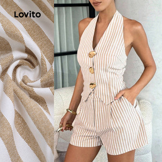 Conjunto Feminino Nacional Lovito Casual Blusa Calça Listrada Shorts Fivela Metálica Primavera/verão Marrom LBL30237