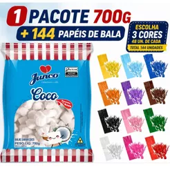 Kit Bala de Coco Junco 700g + 144 Papel de Bala Franja Escolha 3 Cores Aniversário Tradicional Festas Delícia Derrete