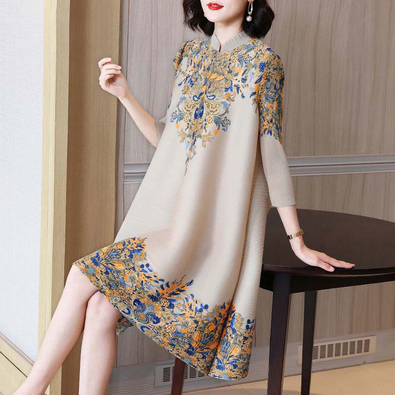 Feminino solto tamanho grande gola Cheongsam outono novo estilo Retro elegante vestido de comprimento médio