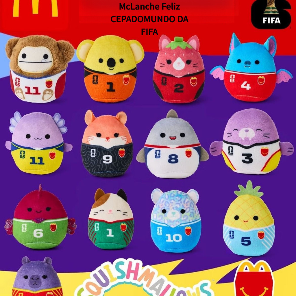 Squishmallows Copa Do Mundo 2026 McDonald's Plush Benny Nya Cam Zayu Monica Clutch Presente Coleção Brasil