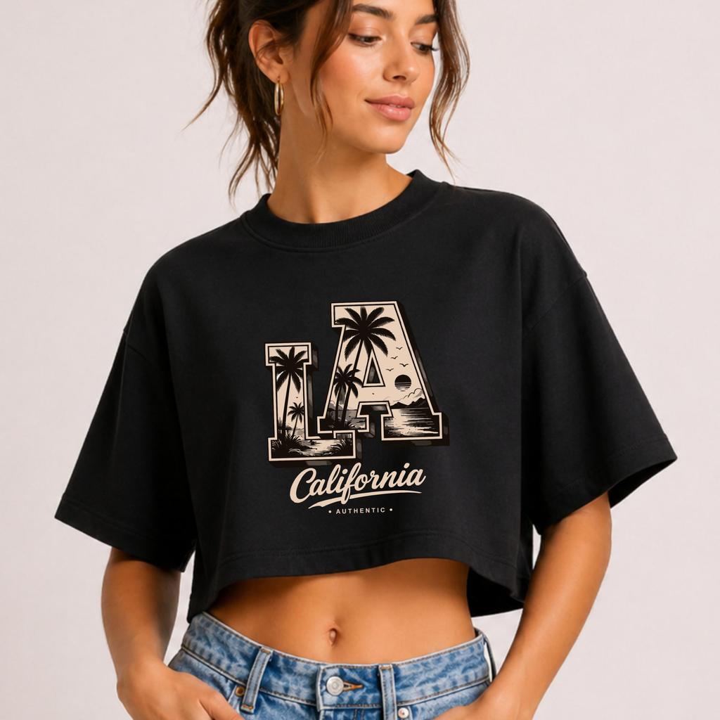 Cropped Feminino LA California Estampado 100% Algodão 30.1 Camiseta Cropped Oversized Streetwear Casual Premium Promoção