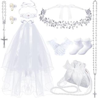 Conjunto de 9 Peças Quelay para Primeira Comunhão para Meninas, Acessórios Católicos para Primeira Comunhão, Véu, Guirla