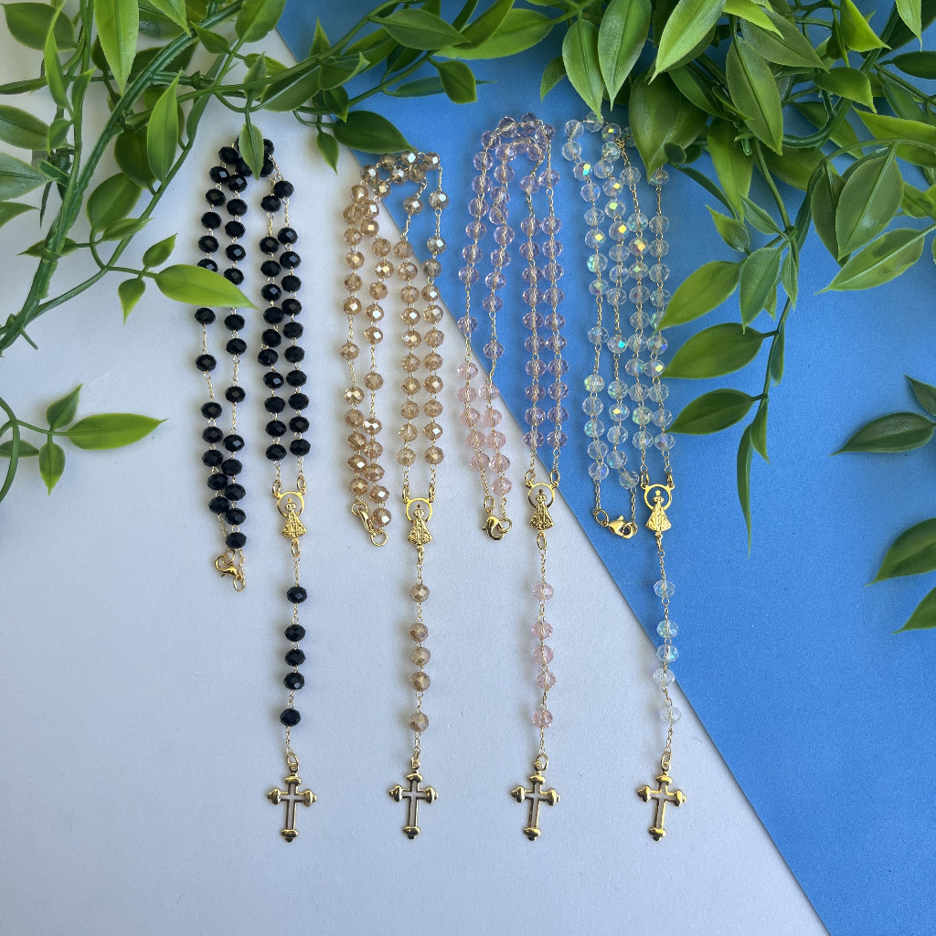 Terço de pescoço folheado com contas de cristal Nossa Senhora Aparecida