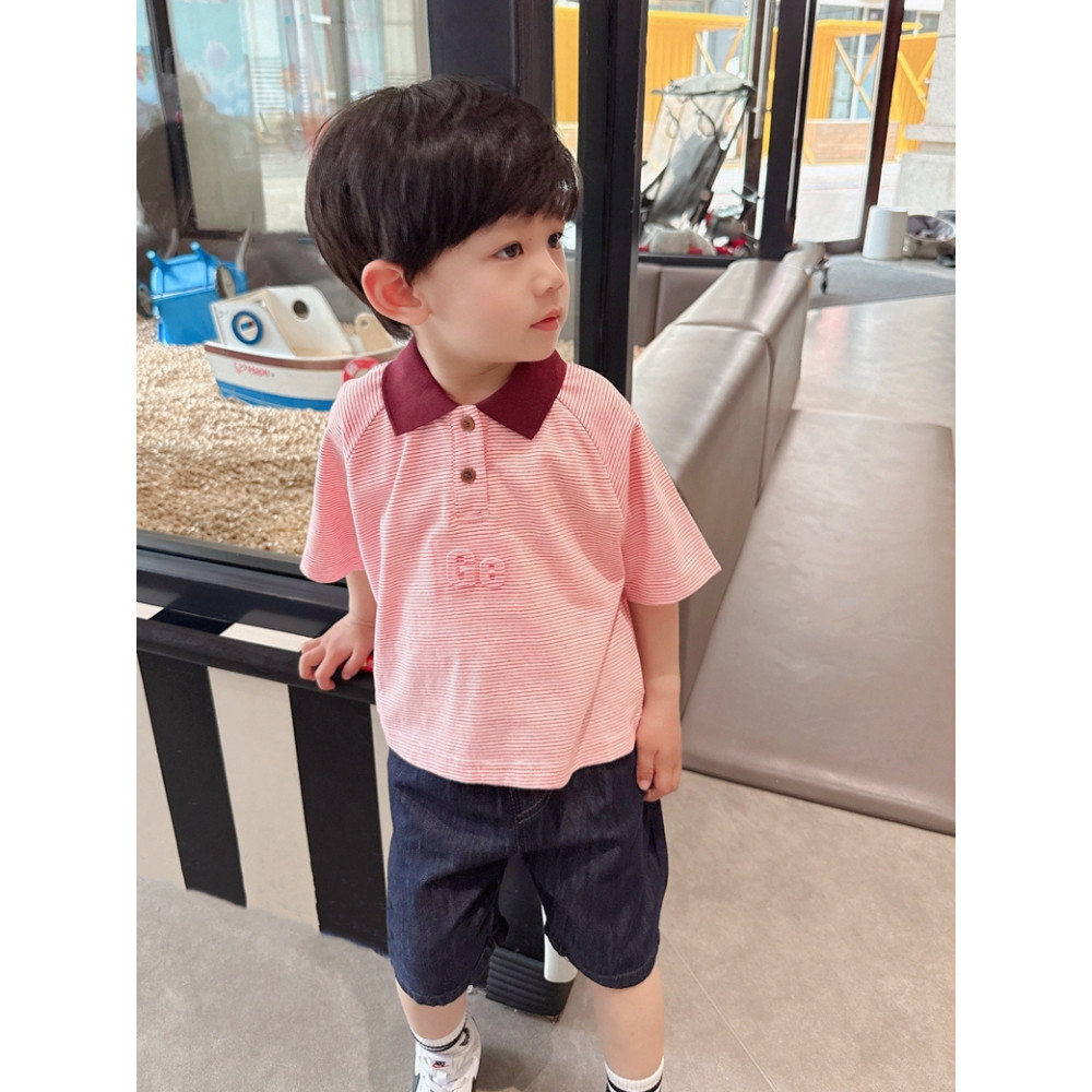 Estilo ocidental correspondência de cores ~ meninos curto listrado manga curta camiseta médio pequeno crianças bebê verã
