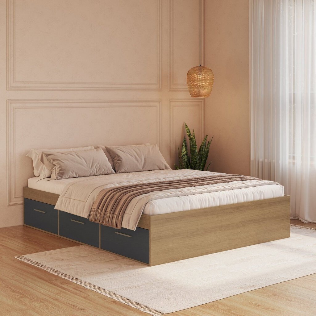Cama de Casal com 6 Gavetas Genebra 188x138cm Mel/Grafite