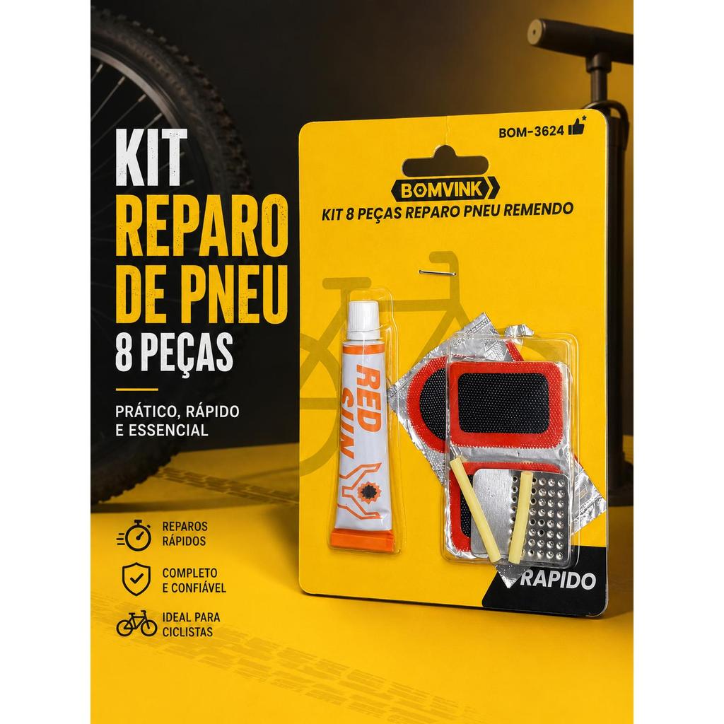 Kit Socorro Rápido Bike Reparo Furo Pneu Câmara de Ar 8 Peças Remendo Redondo e Quadrado