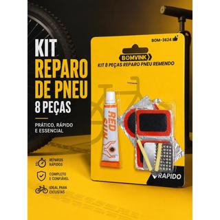 Kit Socorro Rápido Bike Reparo Furo Pneu Câmara de Ar 8 Peças Remendo Redondo e Quadrado