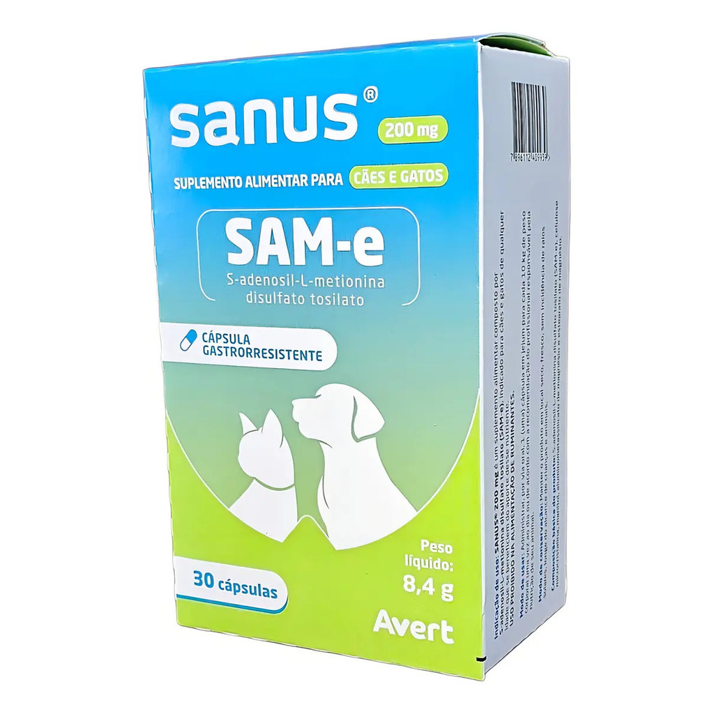 Sanus 200 Mg Suplemento Para Cães Cão Gatos 30 Cáp Avert