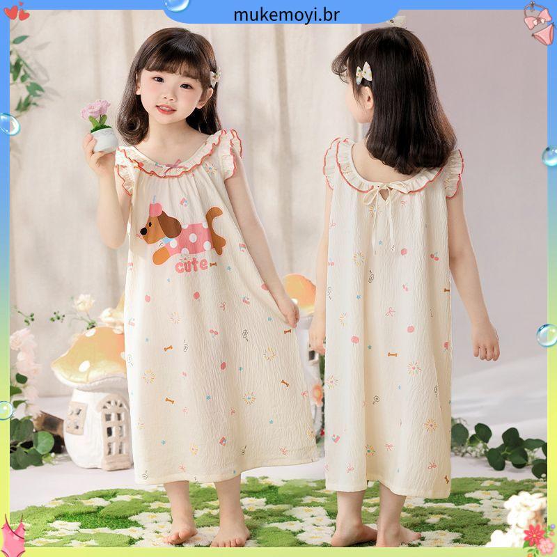 Princesa estilo pijamas estilo fino verão nuvem algodão médio grande crianças meninas camisola meninas roupas de casa 2 