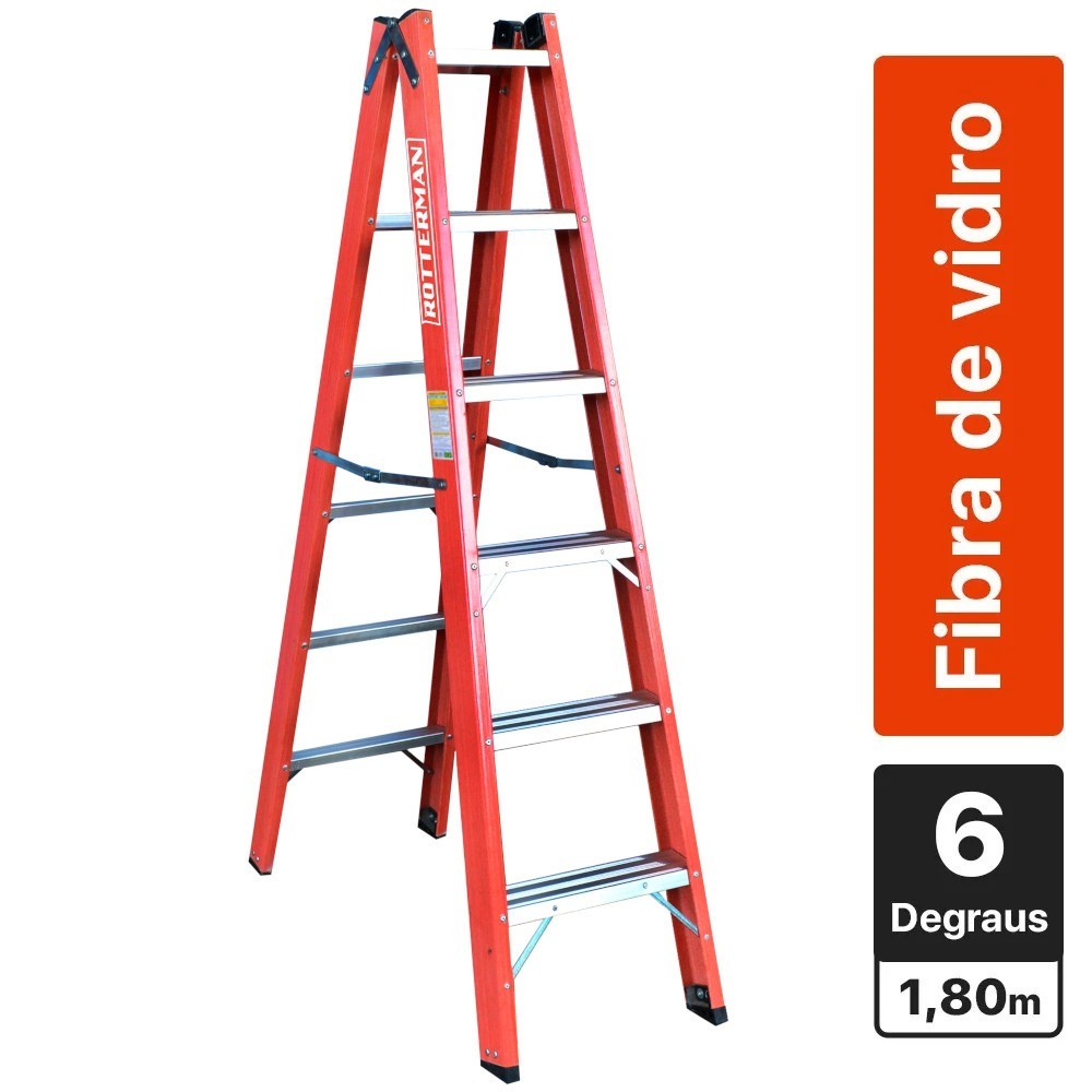 Escada de fibra de vidro 6 degraus 1,80 m modelo americano dupla - Profissional - Rotterman