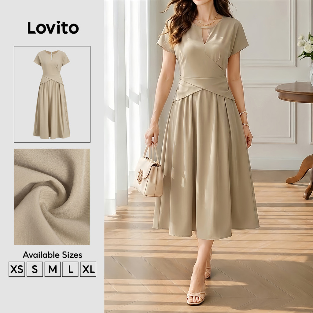 (New Arrival) Lovito Vestido Caqui Elegante De Camada Dupla Plissada Longo Aline Primavera/Verão Trabalho Para Mulheres DRB201P1D098