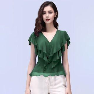 Camisa De Chiffon Com Babados Para Mulheres , Manga Curta , Temperamento Slim , Camiseta Versátil , Verão 2025 , Feminin