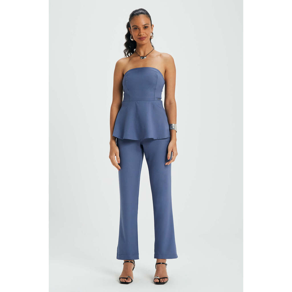 Calça Feminina Reta Tecido Plano Crepe Marialícia Azul