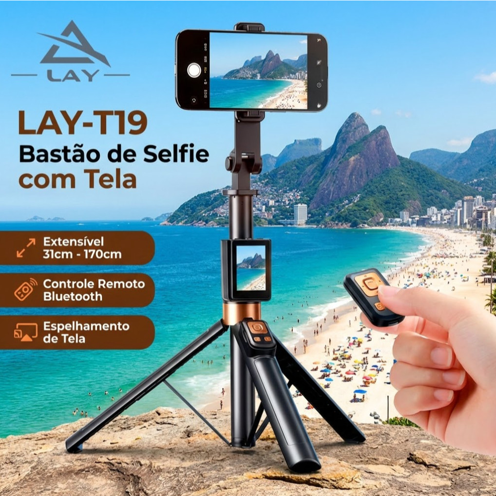 Bastão De Selfie E Tripé Com Tela Espelhada E Controle Bluetooth 1.7 Metros Para Smartphone Vlog Gravação Vídeo Lay T19