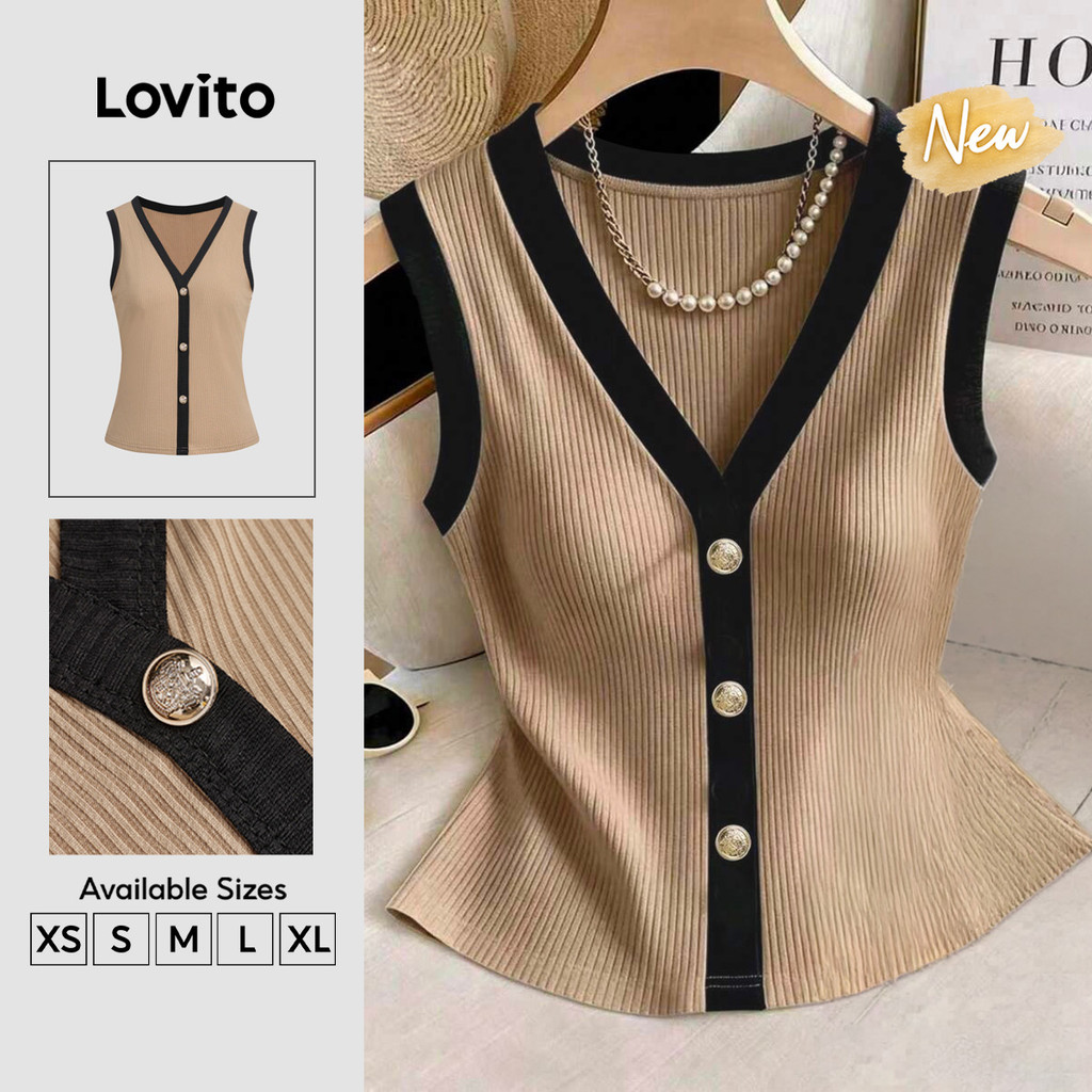 (New Arrival) Lovito Elegante Top de Contraste em Marrom Botões com Detalhes em Blocos de Cores para primavera/verão TKB201P1D036