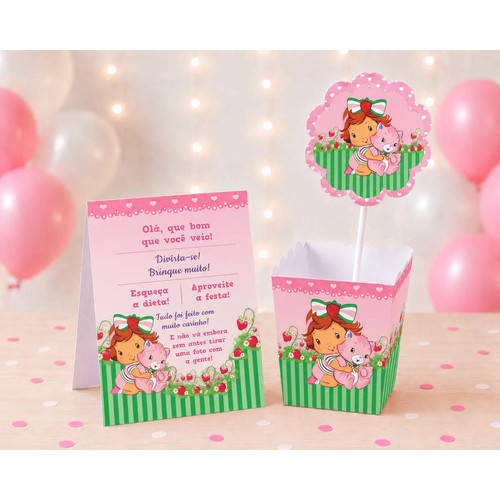 Kit Centro De Mesa + Plaquinha MORANGUINHO BABY | Cachepot Lembrancinhas de Festas Pegue e monte