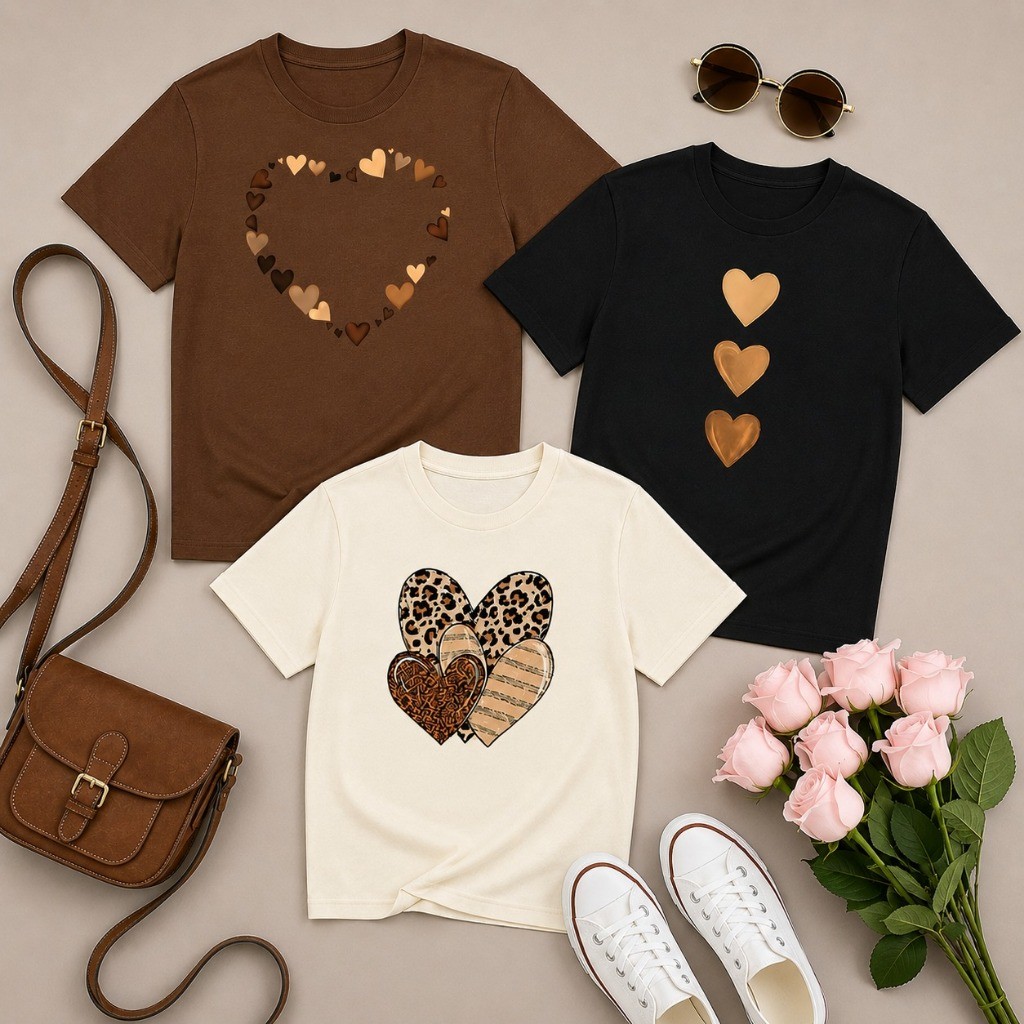 Kit 3 Camisetas Femininas Estampadas Estilosas Corações Tendência Moda 100% Algodão
