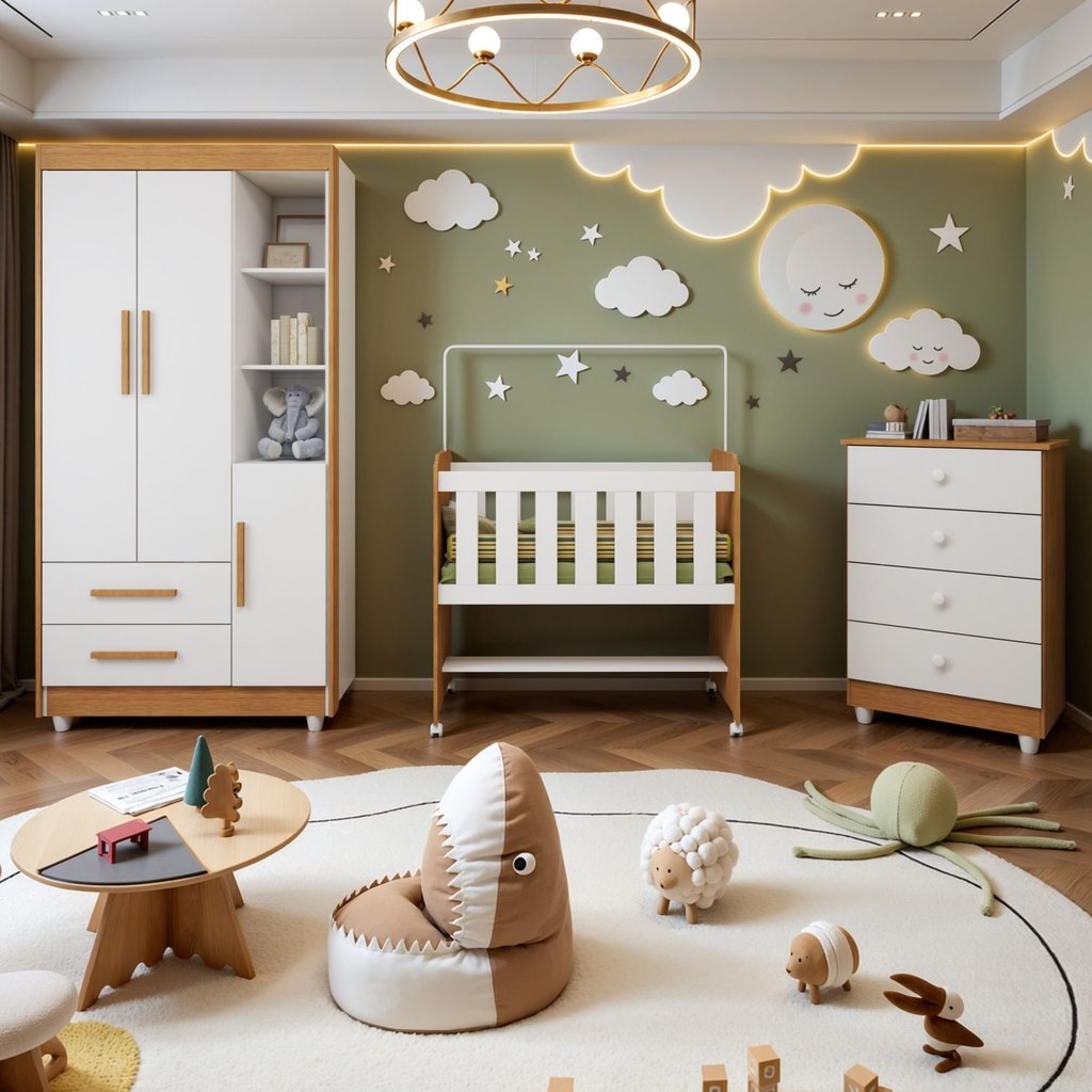 Quarto de Bebê Completo com Cômoda, Mini Berço com Colchão e Guarda Roupas Lila Amadeirado/Branco Amadeirado/Branco
