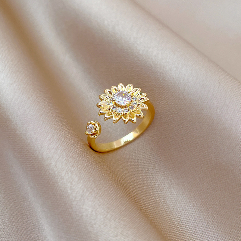 [Ouro Real] luz luxo flor cheia de diamante anel abertura ajustável simples mão jóias anel japonês casal anel