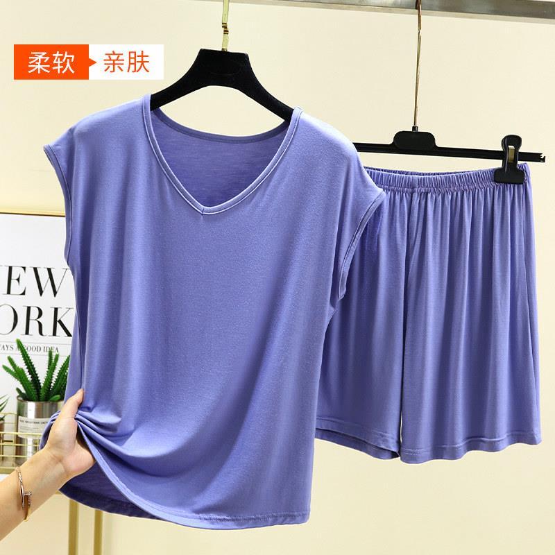 Modal com decote em V sem mangas pijamas conjunto feminino verão estilo fino Homewear tamanho grande Casual ao ar livre 