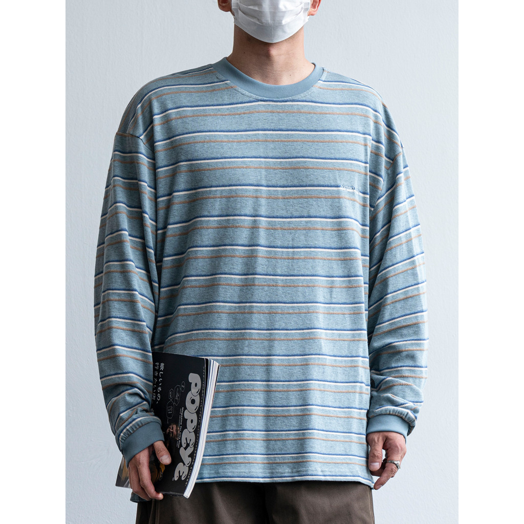 Primavera outono fino listrado em torno do pescoço pulôver de manga comprida camiseta masculina japonês Retro preguiçoso