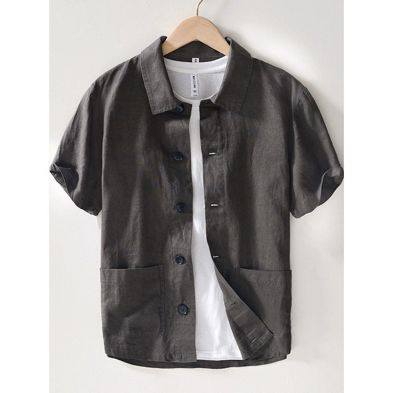 Linho puro estilo dinheiro antigo roupas masculinas tamanho grande solto linho camisa de manga curta masculina verão fin