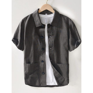 Linho puro estilo dinheiro antigo roupas masculinas tamanho grande solto linho camisa de manga curta masculina verão fin
