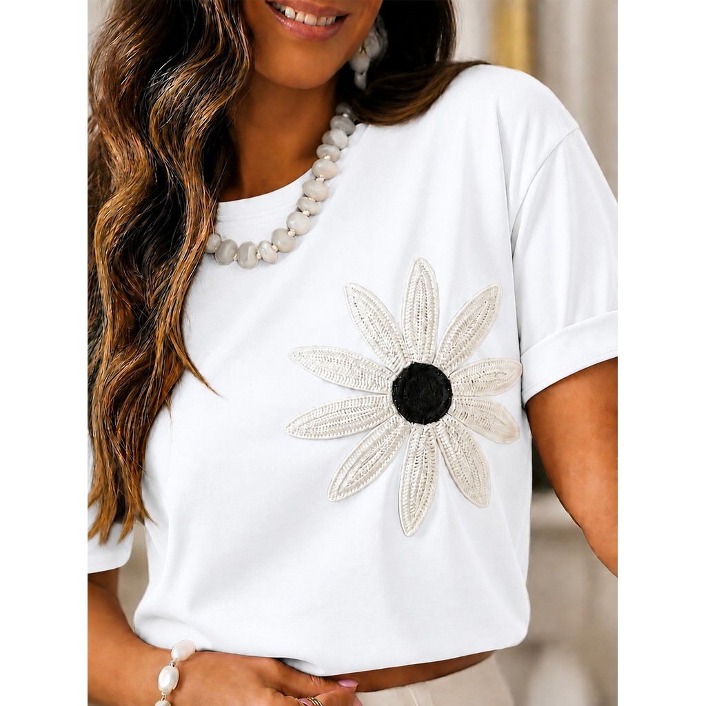 Tshirt Feminina Estilosa Estampada Margarida Normal Lançamento Camiseta 100% Algodão Camisetão Solta Oversized