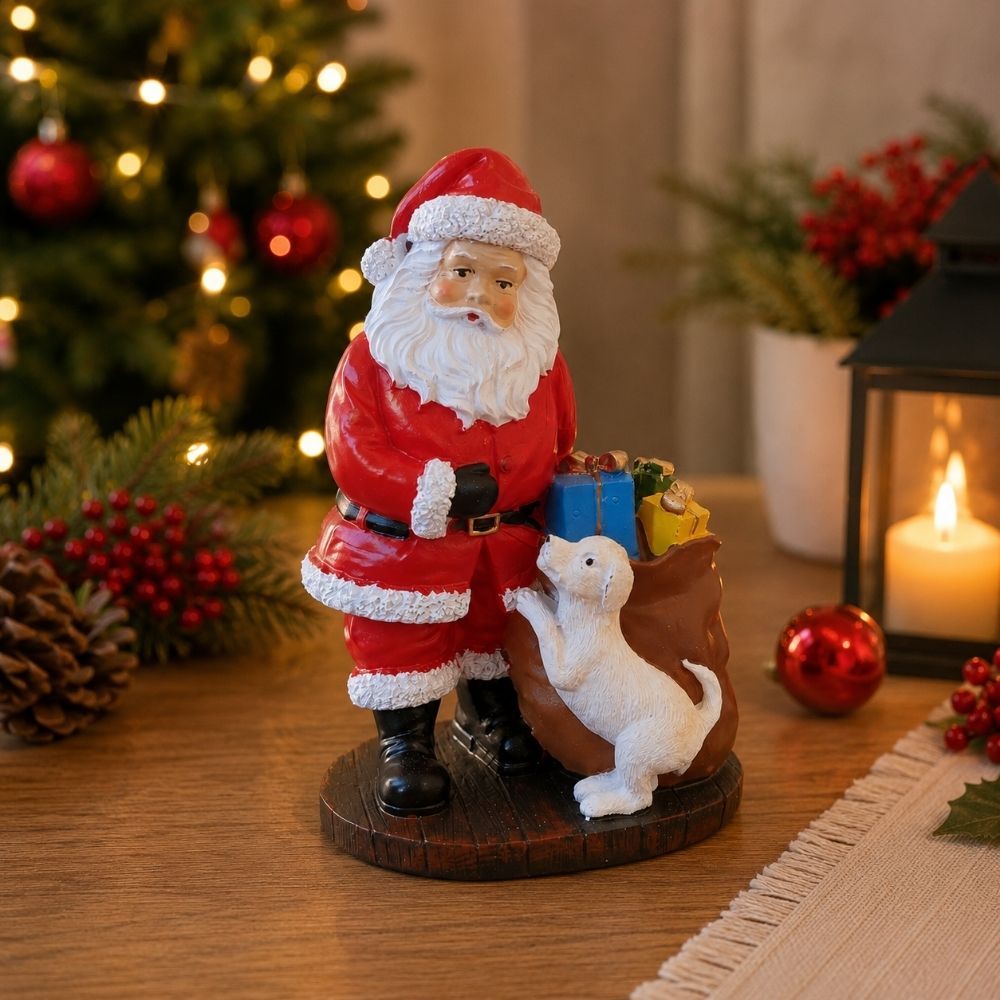 Enfeite Natalino Papai Noel com Cachorro em Cerâmica 15cm - Ideal para Mesa, Aparador, Sala e Decoração de Natal