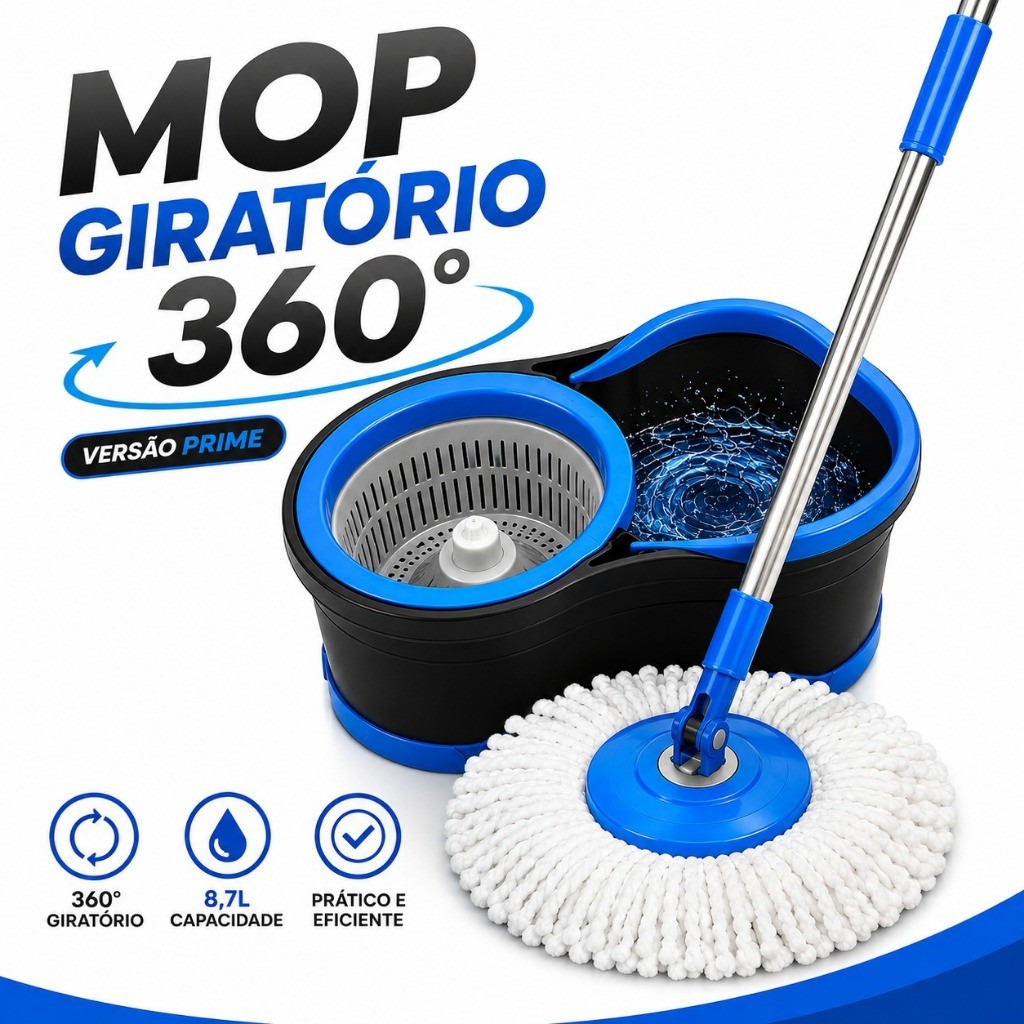 Mop Giratório 360 com Balde Centrífuga 8,7L Cabo Inox Extensível Esfregão Microfibra Limpeza
