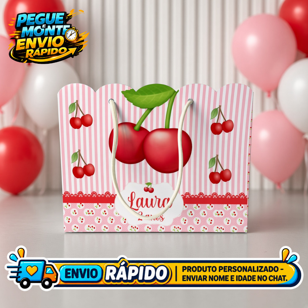 Sacolinha Personalizada Cerejinha Lembrancinha de Festa Infantil Aniversário Sacola Surpresa