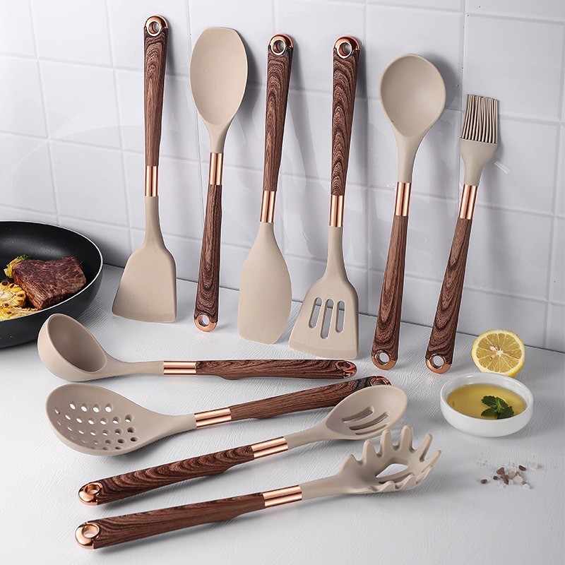 Conjunto de Utensílios de Cozinha de Silicone com Efeito Madeira, Antiaderente, Resistente a Altas Temperaturas, Espátul