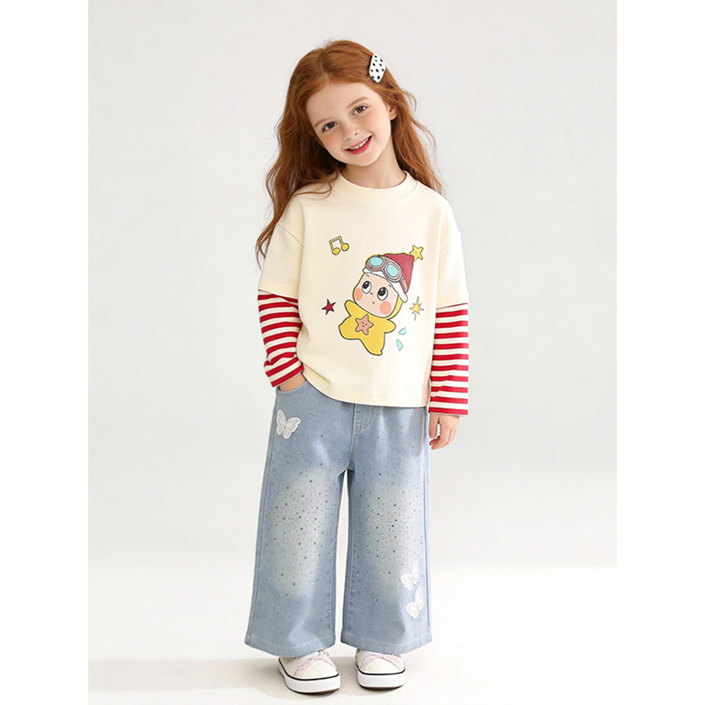 Meninas primavera manga comprida camiseta 2026 novo estilo infantil estilo ocidental listrado falso de duas peças topo d