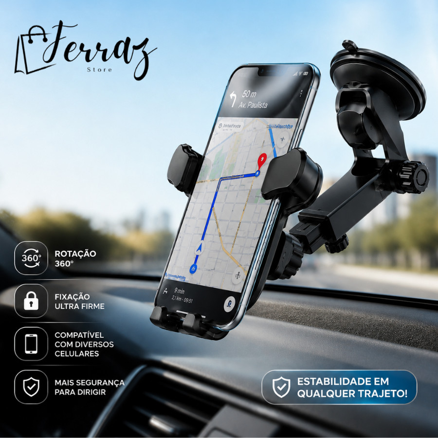 Suporte Celular GPS Veicular Carro Universal 360° Trava Automática Ajustável com Ventosa (SP-112)