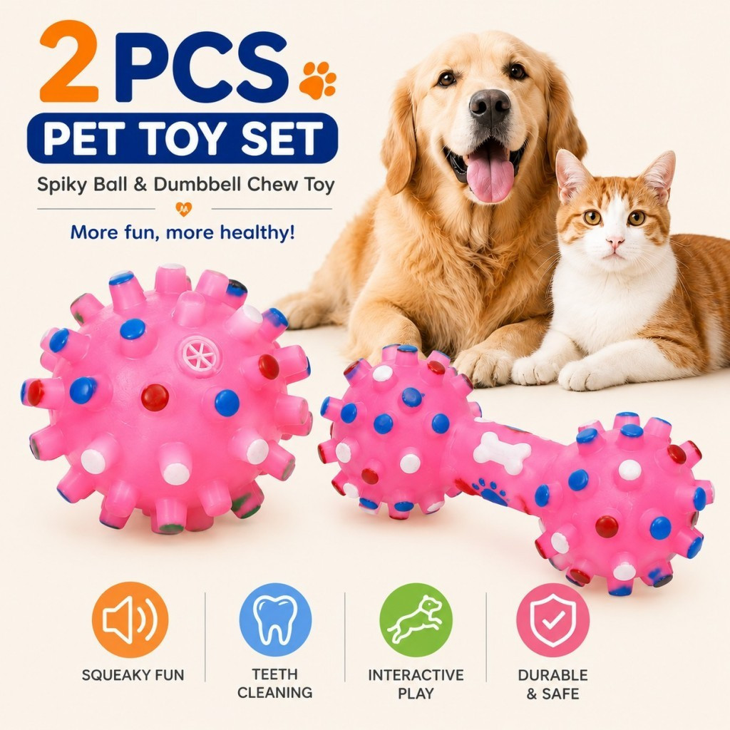 Conjunto de 2 Brinquedos para Animais de Estimação – Bola com Som e Brinquedo de Mastigar em Forma de Haltere para Cães