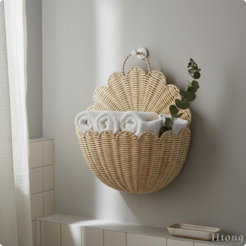 [Htong] Cesta De Parede Com Ventilador De Vime Tecida À Mão Que Economiza Espaço Fácil De Pendurar Para Banheiro