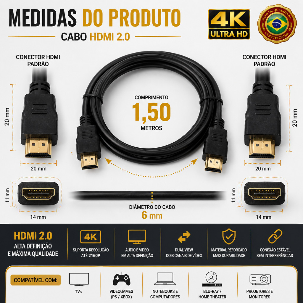 Cabo HDMI 2.0 4K Ultra HD Alta Definição para TV Videogame Notebook Monitor Projetor e Home Theater — imagem 2 de 2