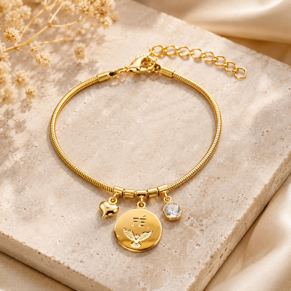 Pulseira Feminina Fé com Pingentes Coração e Ponto de Luz - Semijoia