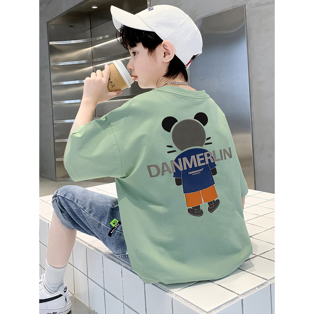 Roupas infantis meninos camiseta de manga curta roupas de verão 2025 novo estilo médio grande crianças puro algodão esti