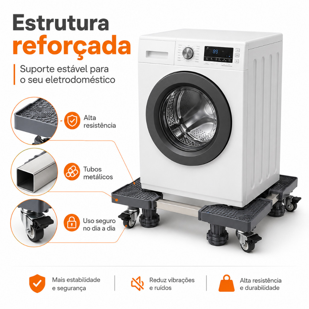 Suporte Geladeira Maquina De Lavar Lava E Seca 8 Pé e 4 duplas rodinhas com trava até 200kg